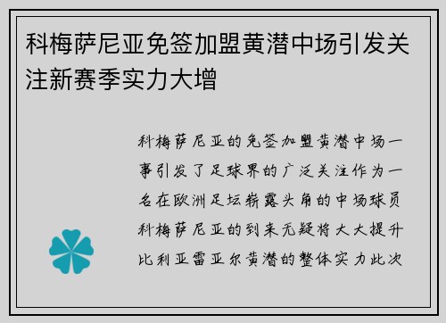 科梅萨尼亚免签加盟黄潜中场引发关注新赛季实力大增